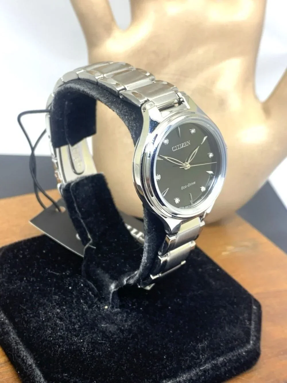Citizen Womens Watch FE2100-51E Eco Drive Diamond Accent Black Dial Silver Steel